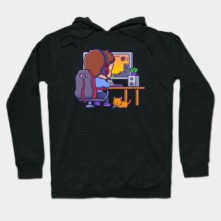 Cute Boy Gamer Playing Game On Computer Cartoon Hoodie